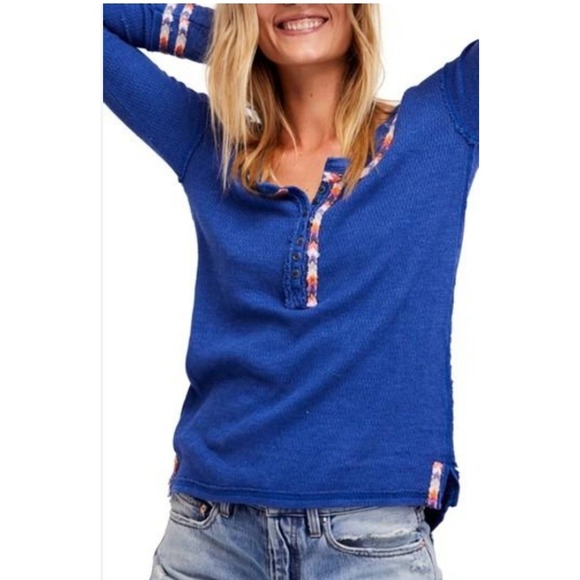 Free People We The Free Blue Thermal Henley M NWT Boho Embroidered OB751037 - Picture 1 of 8